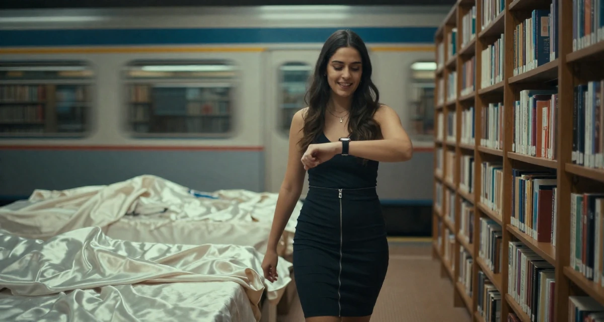 A charismatic Female Raised in Germany, studied visual communication design in their 23, experimenting with soft teasing videos, wearing a pencil skirt with a zipper detail, checking a wristwatch in a library aisle.