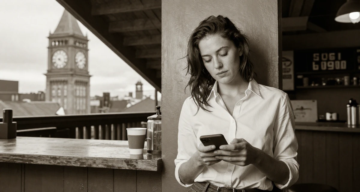 A sleepy Female From the United States, based in Seattle, graduated from a community college majoring in digital marketing in their 26, balancing a demanding career with dating life, wearing a crisp button-up with rolled sleeves, texting with both thumbs in a attic room.