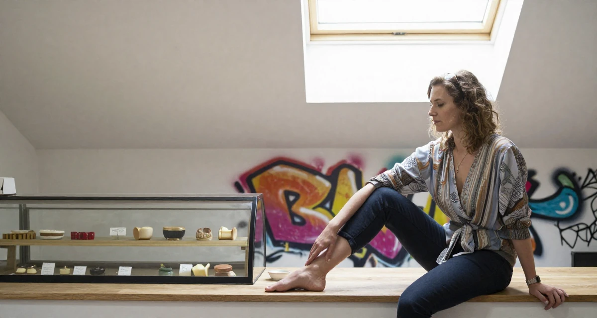 A calm Female From UK, has a background in history and archaeology in their 33, documenting a cross-country road trip, wearing a wrap blouse with a deep neckline, tapping a foot in a bakery counter.