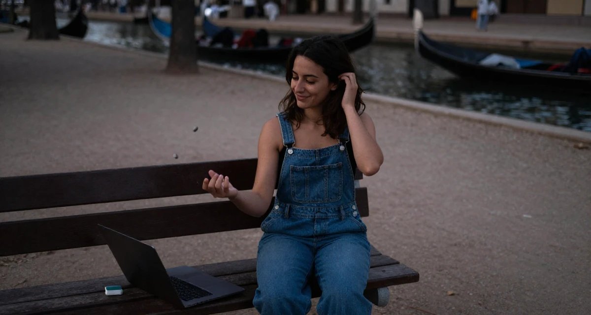 A smiling gently Female From Spain, majored in journalism in their 26, juggling real-life chaos with online expectations, wearing a relaxed dungarees or overalls, looking down at the ground shyly in a park bench.