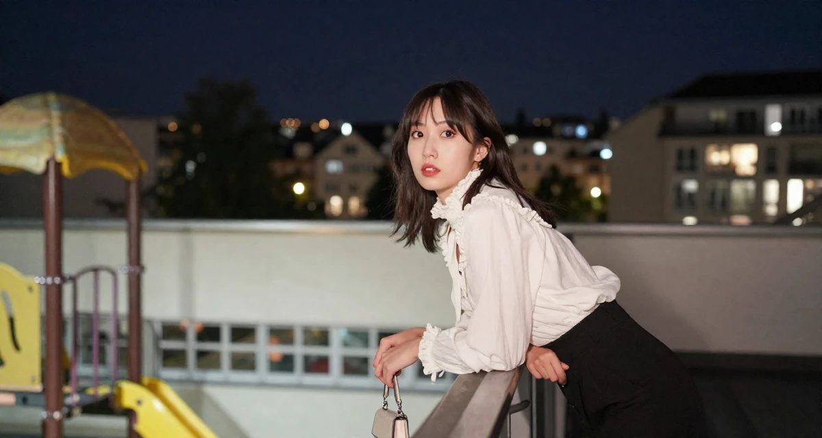 A curious Female From Switzerland, based in Zurich, graduated from a creative institute majoring in high-end glam production in their 25, balancing innocence and boldness in early shoots, wearing a high-neck victorian style blouse and black slacks, holding a purse tightly in a school playground.