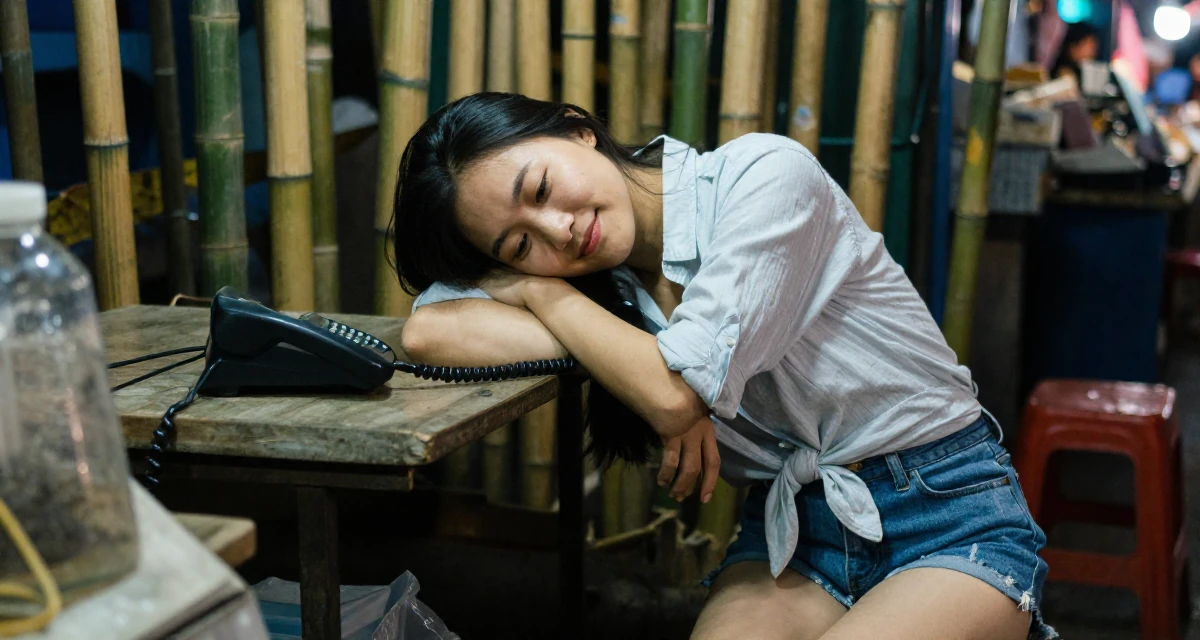 A sympathetic Female From Ho Chi Minh City Vietnam, studied creative media and personal branding in their 24, embracing weekends of solitude and rest, wearing a button-down shirt tied at the waist and denim cutoffs, adjusting sleeves in a night market stall.