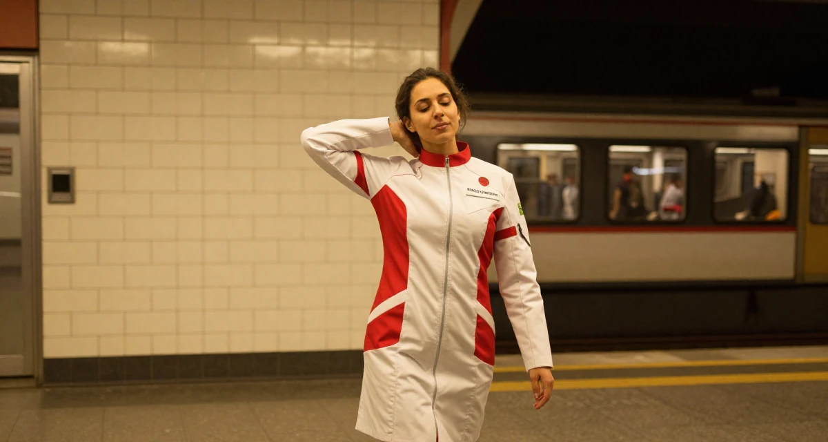A relieved Female From Germany, has a background in psychology in their 22, learning workplace expectations and boundaries, wearing a futuristic medic uniform with white and red details, stretching the neck in a subway station.