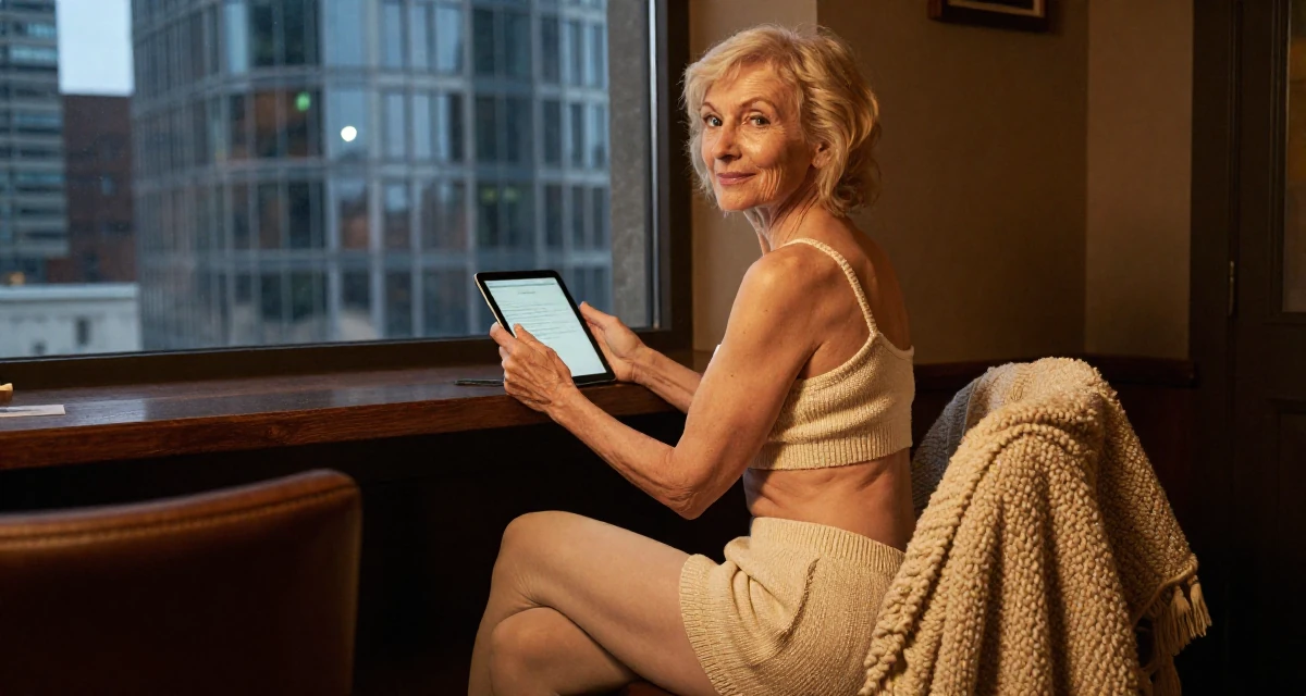 A patient Female From Russia, trained as a classical ballerina in their 46, celebrating the confidence that comes with age, wearing a knitted loungewear shorts and a matching tiny top, holding a tablet device in a dimly lit jazz bar.