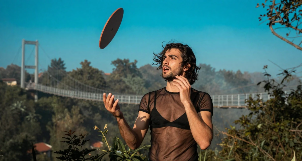 A anxious but excited male Born in Cyprus, studied tourism development in their 23, juggling sensual creativity with real-life responsibilities, wearing a sheer mesh top layered over a black bralette, brushing hair away from the face in a dense misty forest.