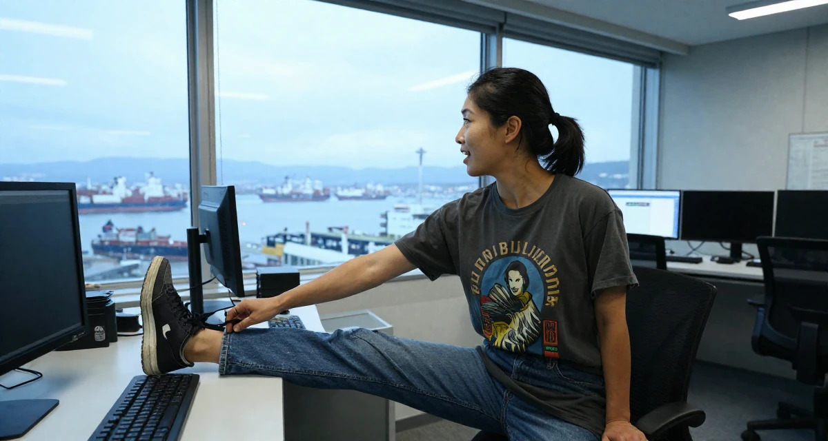 A eager Female From Sapporo Japan, trained in fitness and body sculpting in their 26, working through back-to-back burnout cycles, wearing a laid-back graphic tee and jeans, looking out the window in a cybernetic computer lab.