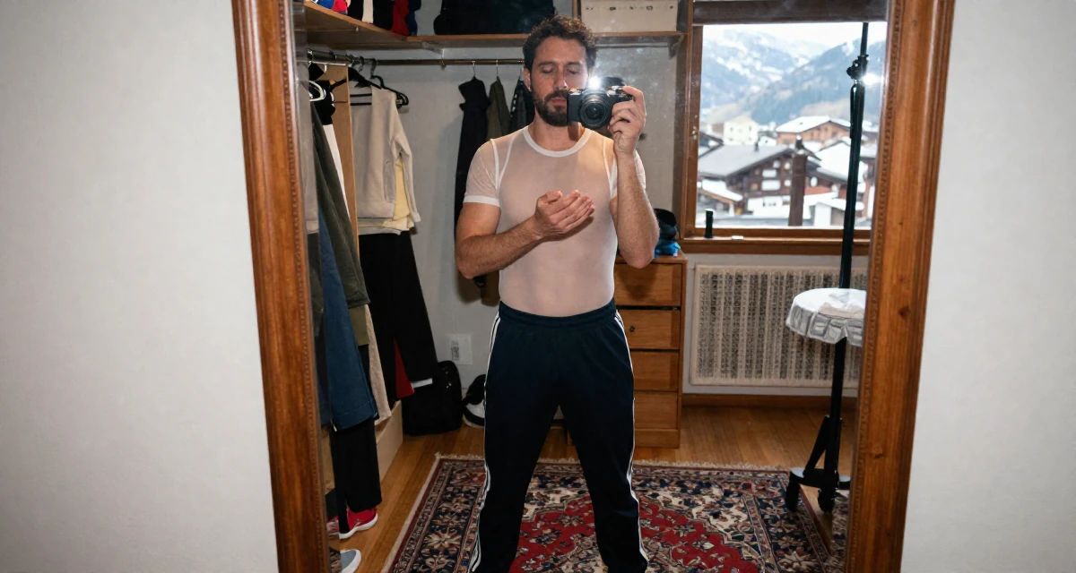 A relaxed male Raised in Peru, studied advertising management in their 45, focusing on mental clarity and meditation, wearing a mesh paneled bodysuit and track pants, wiping hands in a walk-in closet.