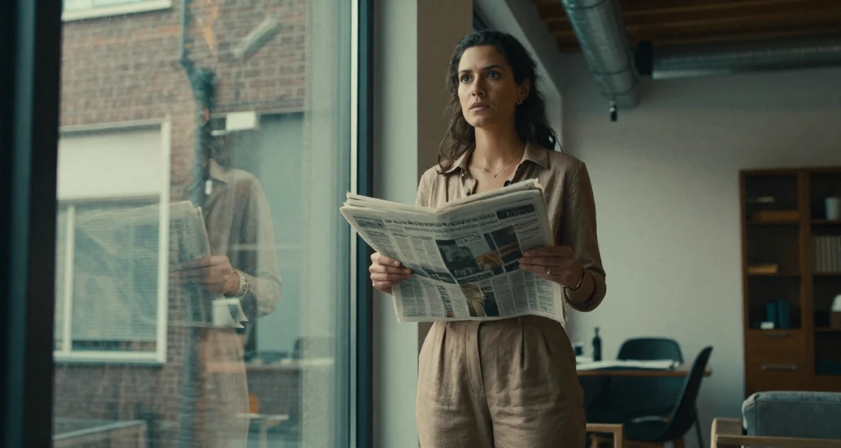 A expectant Female From the Netherlands, based in Rotterdam, graduated from a media academy majoring in contemporary sensual design in their 23, radiating a quiet determination to succeed, wearing a muted earth-tone clothing set, holding a newspaper in a modern apartment.