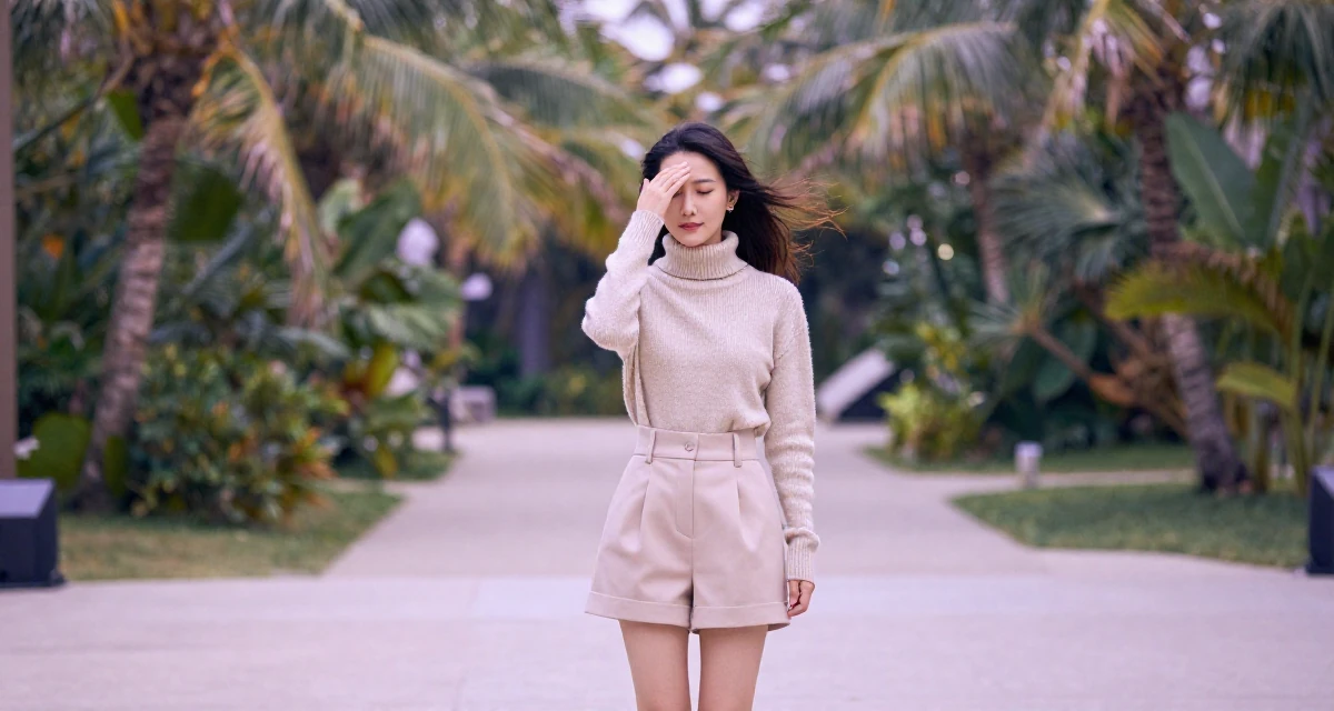 A placid Female Former phone-shop clerk, now combining tech and lifestyle content in their 32, newly married and adjusting to shared finances, wearing a turtleneck sweater tucked into high-waisted shorts, shielding face from the wind in a theater stage.