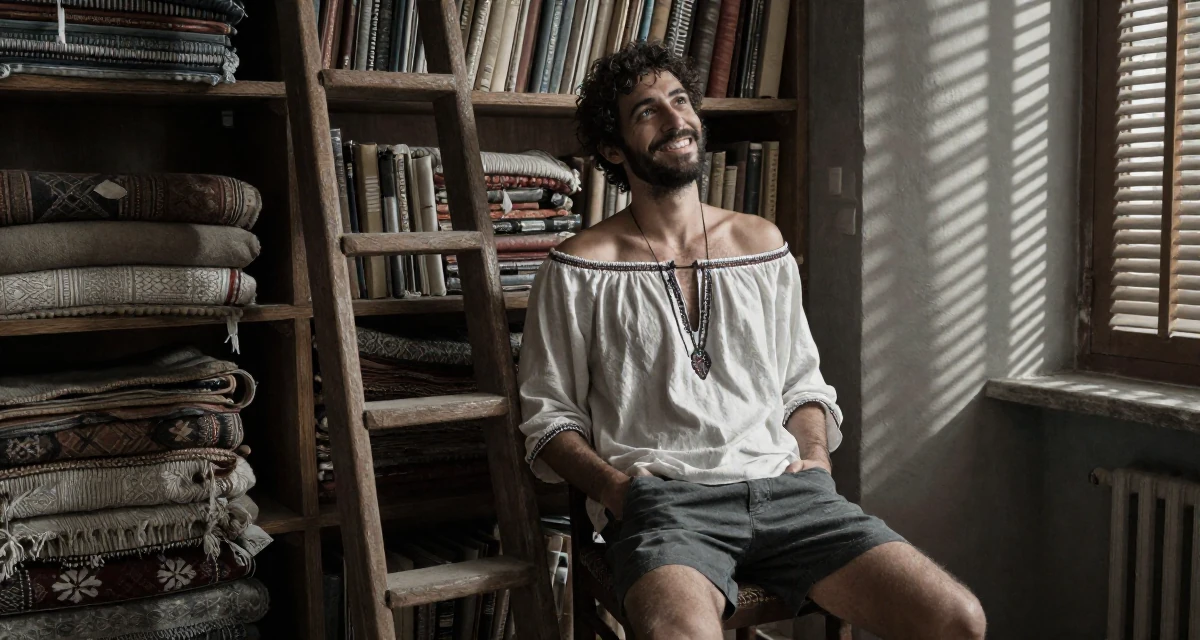 A bright and optimistic male From Greece, studied philology in their 28, realizing rebranding is emotionally draining, wearing a boho style off-shoulder peasant top and shorts, putting hands in pockets in a old library with wooden ladders.