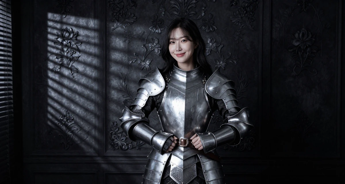 A smiling gently Female From South Korea, based in Busan, graduated from a design institute majoring in visual communication in their 32, managing high-stakes projects with calm, wearing a fantasy warrior princess armor made of silver metal, adjusting a belt in a photo studio.