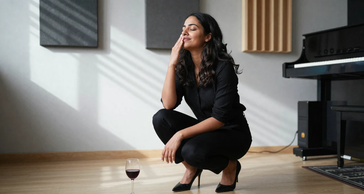A hopeful Female From Sri Lanka, studied digital commerce in their 25, accepting that growth is slower than motivational quotes claim, wearing a monochromatic black outfit, taking a deep breath in a music studio.