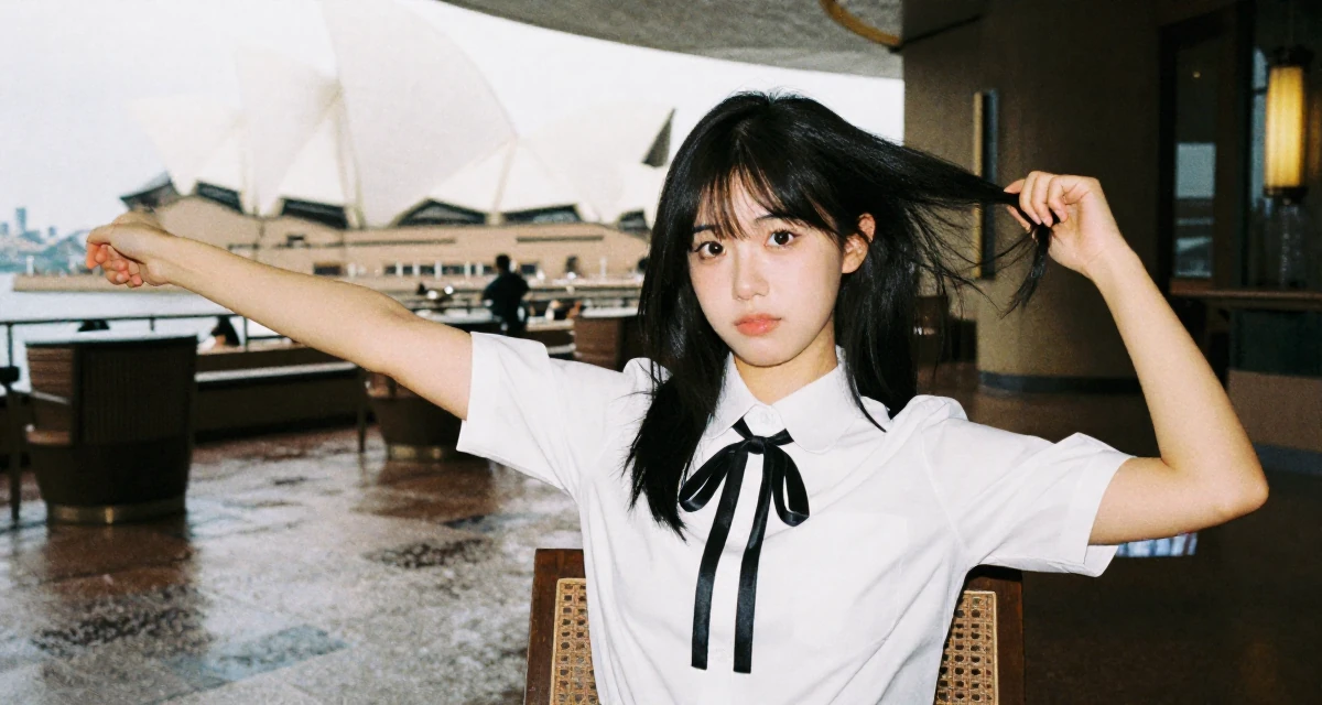 A fearless Female From Shanghai China, majored in journalism in their 25, crafting a cute–seductive persona while studying full-time, wearing a white shirt with a black ribbon tie, stretching arms after waking in a hotel lobby.