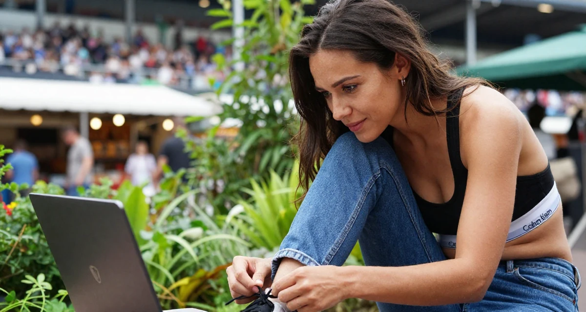 A friendly and approachable Female From Netherlands, studied media and culture in their 28, dealing with fatigue from years of online performance, wearing a classic calvin klein style sports bra and jeans, tying a shoelace in a bustling market.