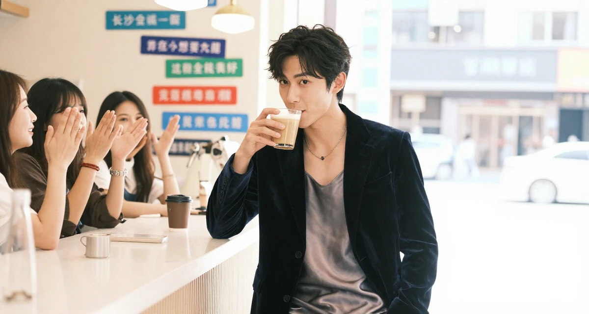 A warm male From ChangSha China, holds a degree in human resource management in their 22, feeling powerful when fans appreciate confident vibes, wearing a velvet blazer and a silk slip dress, sipping a latte in a home interior.