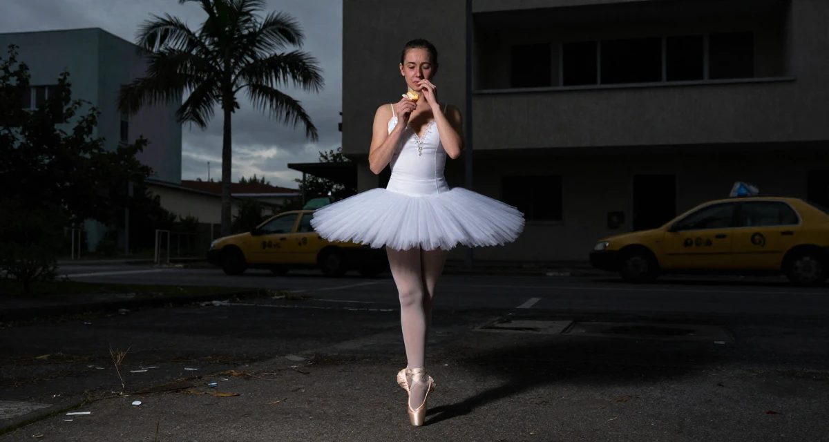 A sorrowful Female From Geneva Switzerland, studied international hospitality in their 35, celebrating a major career milestone, wearing a ballet tutu and satin pointe shoes, holding a snack in a abandoned hospital.