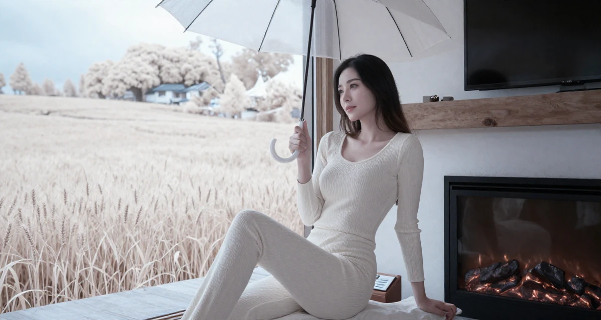 A romantic Female From Suzhou China, grew up in a family tailoring business, learning costume craft in their 34, seeking spiritual or philosophical growth, wearing a ribbed lounge set that hugs the curves, holding an umbrella in a ski lodge fireplace.