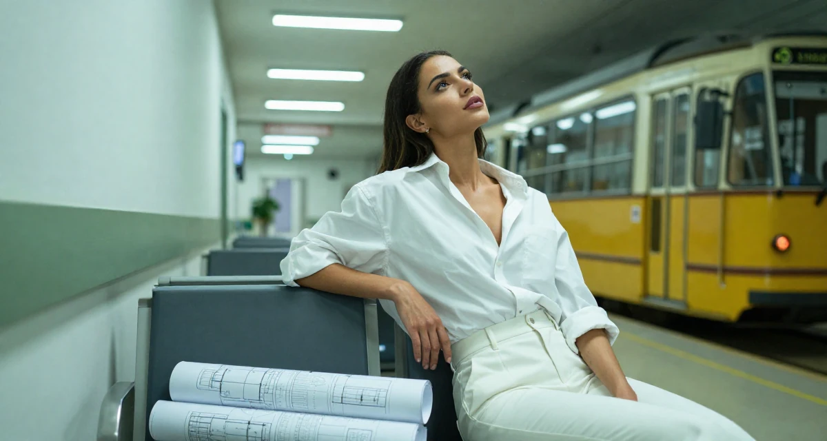 A sensual Female Former firefighter trainee, now producing strength-based content in their 28, cultivating a sophisticated taste in art, wearing a oversized white shirt with sleeves rolled up and slim trousers, looking up at the sky in a hospital corridor.
