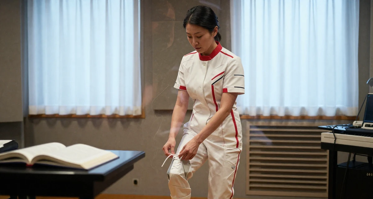 A deeply absorbed Female From Kyoto Japan, practiced artistic nude photography as self-expression in their 43, balancing a demanding career with self-care, wearing a futuristic medic uniform with white and red details, tying a shoelace in a music studio.