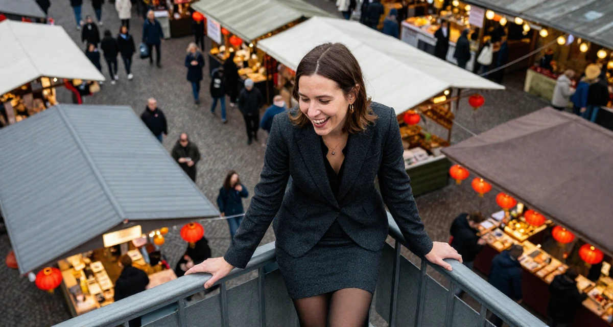 A joyful Female From Berlin Germany, holds a degree in media engineering in their 37, trying to stabilize income streams, wearing a black stockings and a charcoal business suit skirt, laughing softly in a bustling market.