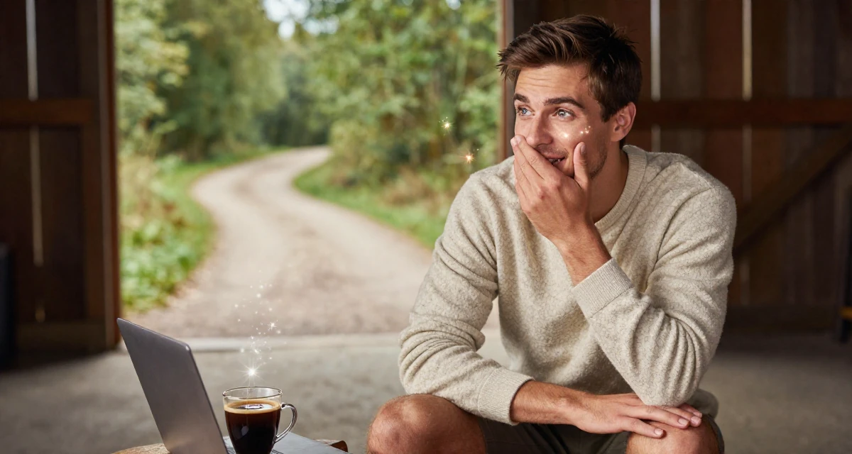 A curious and focused male Once a babysitter, now documenting grown-up self-expression in their 31, digital nomad setting up a base in a new city, wearing a cozy fleece pullover, covering a laugh with one hand in a barn interior.