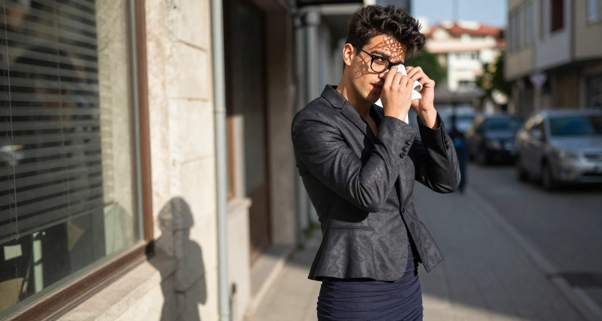 A lazy male From Turkey, based in Izmir, graduated from a communication faculty majoring in brand strategy in their 23, discovering the thrill of tasteful seduction, wearing a structured peplum jacket and a tight skirt, cleaning glasses with a cloth in a urban street.