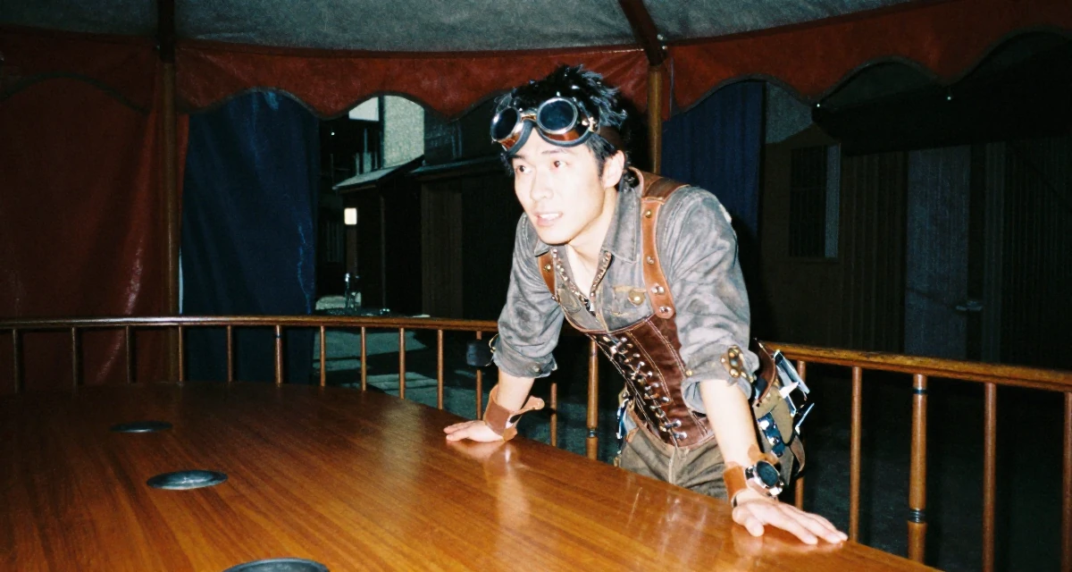 A proud male From Japan, majored in mechanical engineering in their 24, exploring side hustles to supplement income, wearing a steampunk adventurer outfit with a corset and goggles, leaning on a railing in a circus tent interior.
