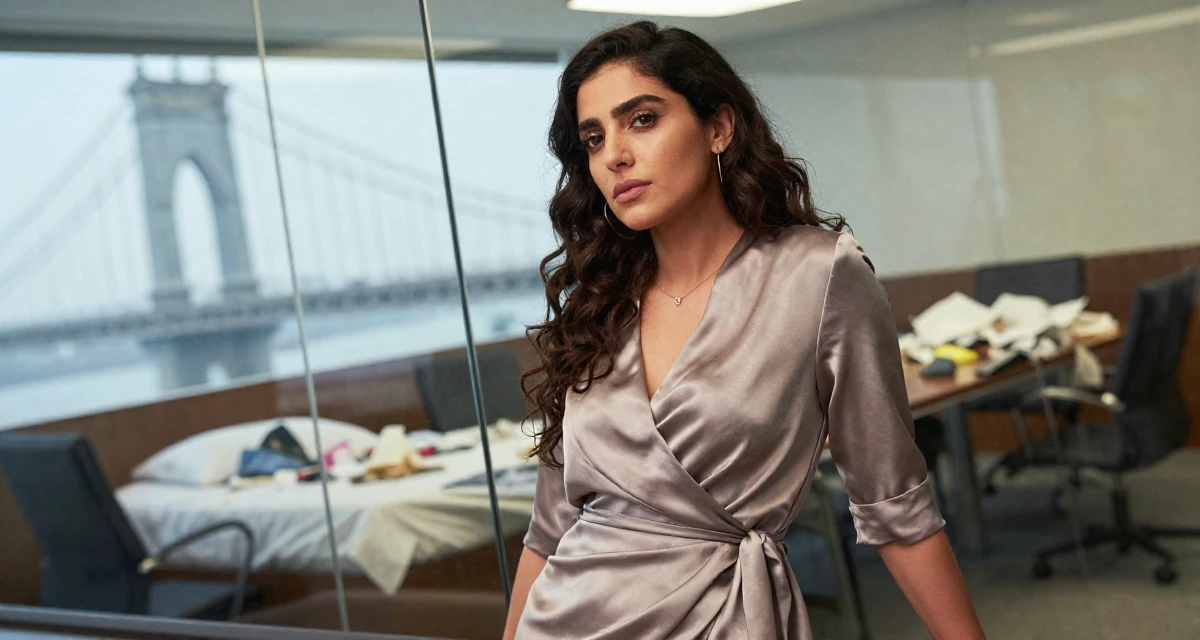 A calm and confident Female From Arabic-speaking world, majored in geology in their 23, seeking career clarity through trial and error, wearing a satin wrap dress tied loosely at the waist, waiting for a taxi in a glass-walled conference room.