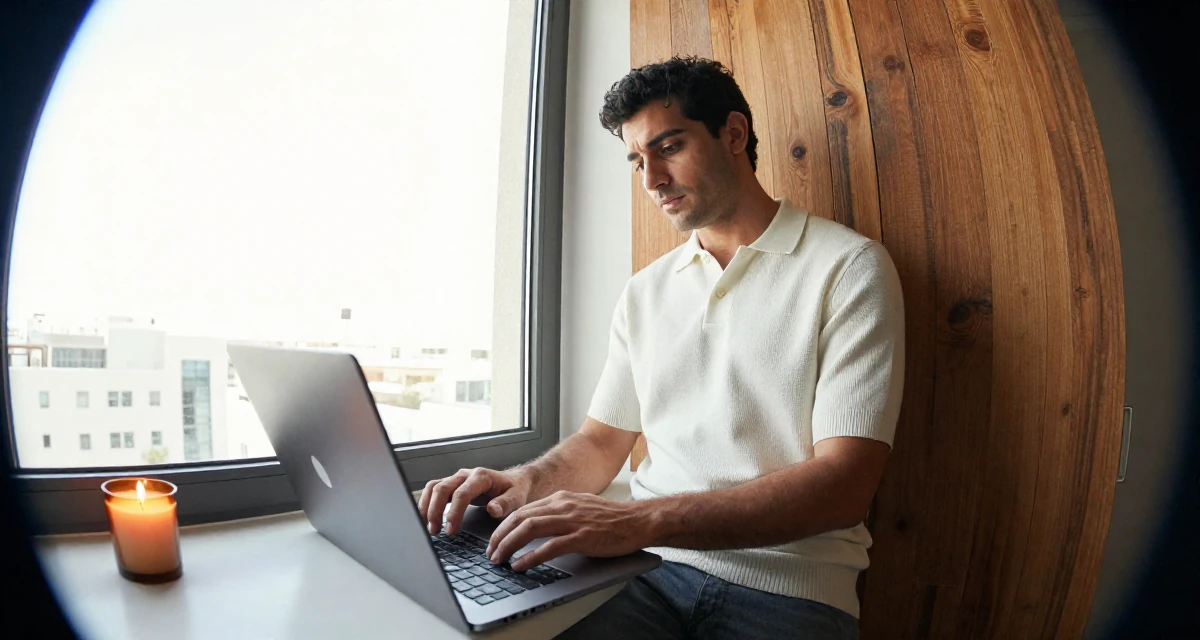 A wistful male From Abu Dhabi UAE, learned studio production and lighting design in their 30, exploring minimalism and intentional living, wearing a smart knit polo, typing on a laptop in a modern apartment.