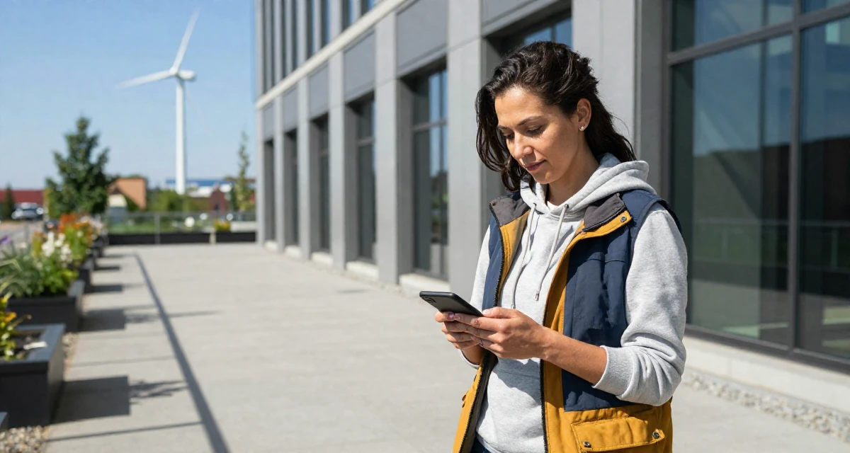 A subtly confident Female From Canada, holds a degree in accounting in their 31, teaching photography and editing skills, wearing a layered vest over hoodie, inspecting an object in a modern skyscraper lobby.
