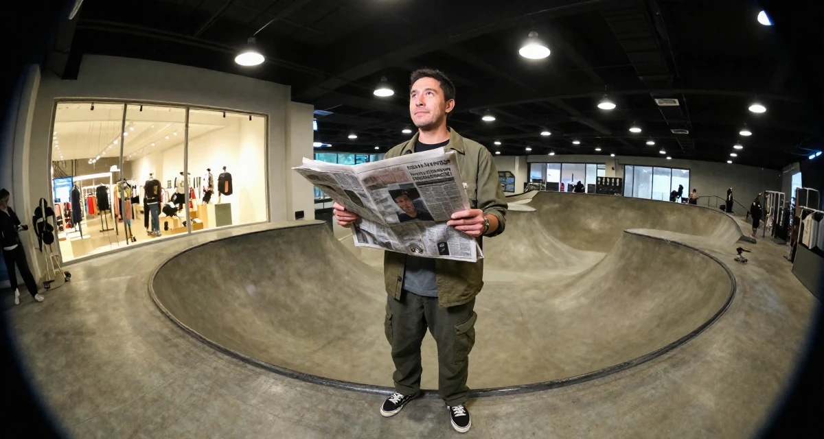 A zen-like male Once a babysitter, now documenting grown-up self-expression in their 48, confident public speaker and thought leader, wearing a modern utilitarian outfit, holding a newspaper in a skate park.