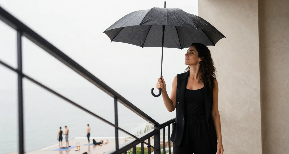 A passionate Female Grew up in Croatia, studied interaction design in their 29, navigating the fear of stagnation in a saturated market, wearing a black jumpsuit with a blazer style top, shaking rain off an umbrella in a yoga studio.