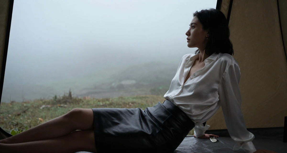 A longing Female Once a swimwear shop clerk, now modeling her own collections in their 24, understanding long-term consequences of choices, wearing a white silk shirt tucked into a leather pencil skirt, clutching a clutch bag in a camping site.