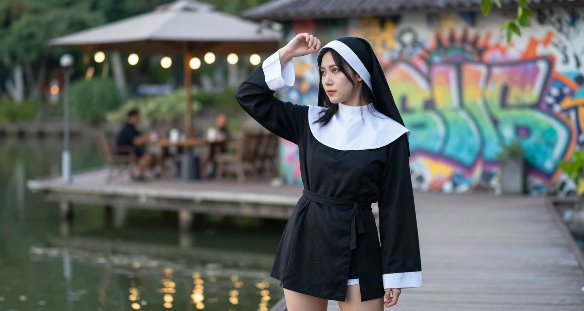 A gentle Female From Kuala Lumpur Malaysia, self-taught content creator specializing in color grading in their 31, exploring advanced investment strategies, wearing a gothic nun habit with a modified short skirt, adjusting a hat in a lakeside dock.