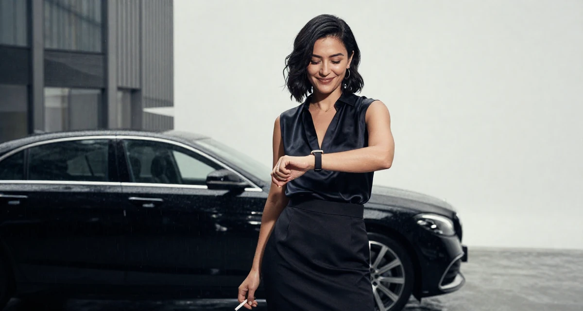 A smirking Female Former sales rep, now leveraging charisma for digital storytelling in their 23, wearing smart casual and checking a watch, wearing a sleeveless silk top and a high-waisted skirt, holding a cigarette (lit or unlit) in a modern skyscraper lobby.