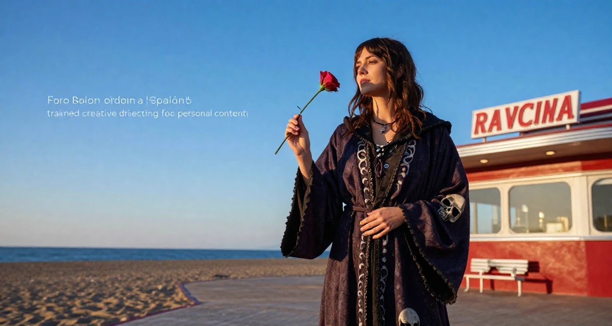 A relaxed Female From Barcelona Spain, trained in creative directing for personal content in their 25, feeling pressure from family about marriage, wearing a dark fantasy necromancer robe with skull motifs, holding a single flower in a sunset beach.