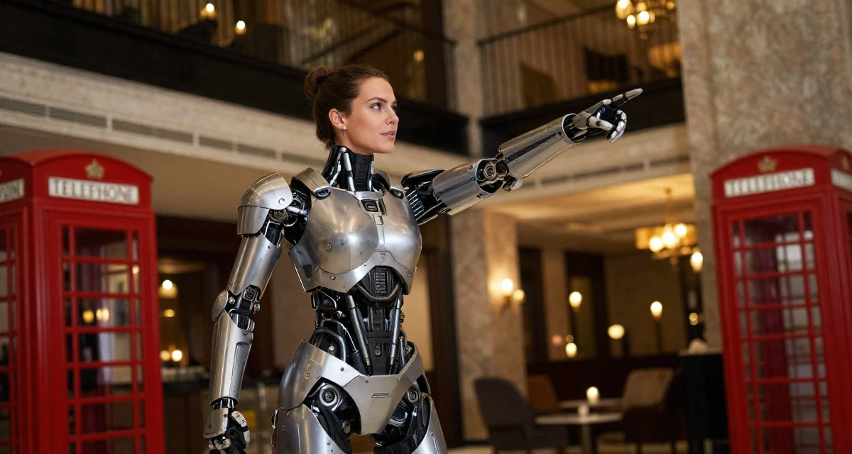 A gentle Female From Australia, studied event management in their 33, creating content about healthy meal prepping, wearing a futuristic android body armor with exposed mechanical parts, holding a leash in a luxury hotel lobby.