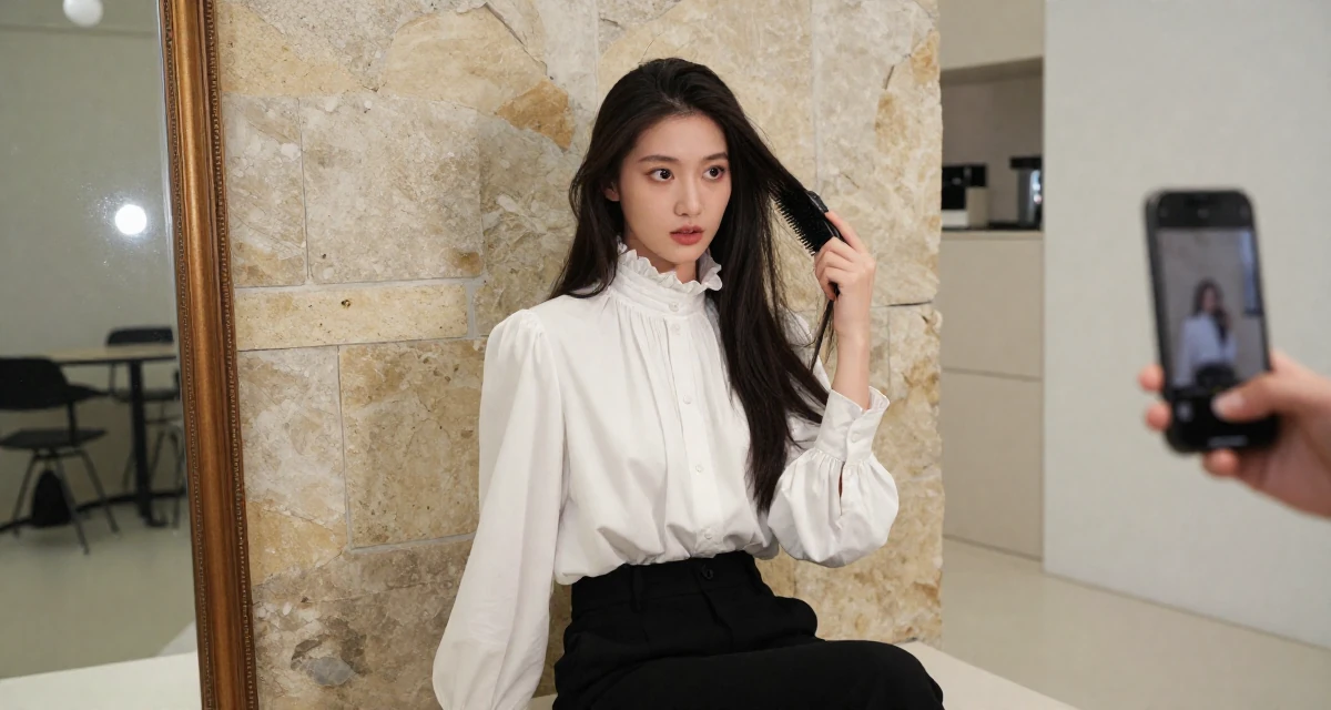 A fascinated Female From Shenzhen China, studied makeup artistry while modeling part-time in their 22, experimenting with cosplay or themed shoots, wearing a high-neck victorian style blouse and black slacks, brushing hair away from the face in a modern apartment.