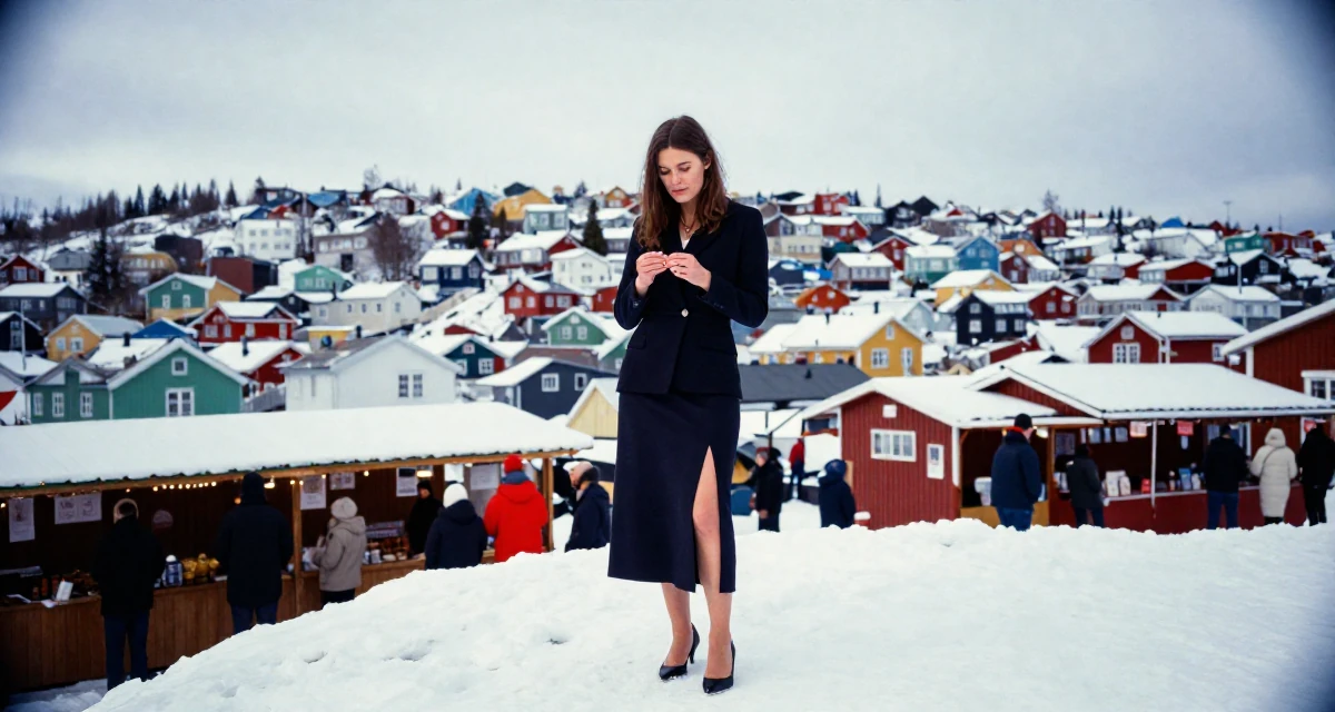 A cool and collected Female From Finland, majored in educational psychology in their 30, planning adult responsibilities with unstable cash flow, wearing a elegant midi skirt with a high slit and heels, inspecting fingernails in a snowy mountain peak.