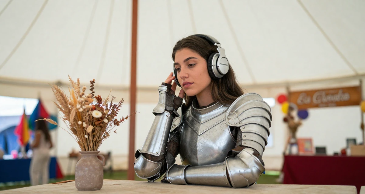 A composed Female From El Salvador, studied social communication in their 22, building a seductive aesthetic while protecting privacy, wearing a fantasy warrior princess armor made of silver metal, adjusting headphones in a circus tent interior.