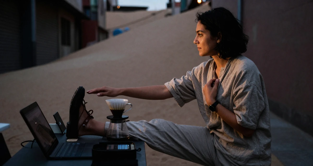 A soulful Female Once a geography teacher, now producing warm travel-inspired content in their 36, expert in coffee culture and brewing, wearing a soft organic cotton clothing, gripping a lapel in a neon-lit alleyway.