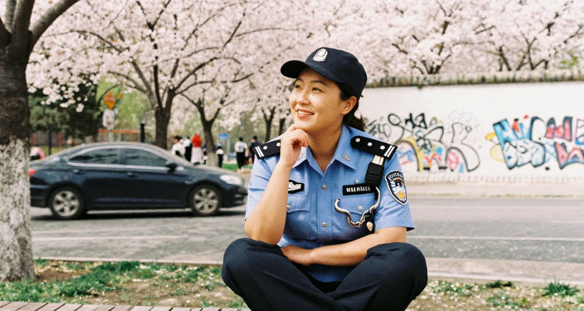 A cheerful Female From Mongolia, based in Ulaanbaatar, graduated from a national university majoring in media studies in their 30, exploring minimalism and intentional living, wearing a police officer uniform with a badge and handcuffs, touching the chin thoughtfully in a cherry blossom park.