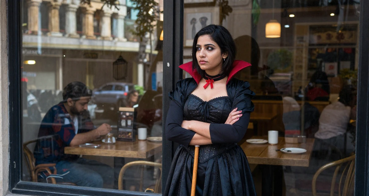 A contemplative Female From Bangladesh, studied textile engineering in their 25, discovering passions through extracurricular activities, wearing a vampire queen gown with a high collar and corset, crossing arms confidently in a cozy café.