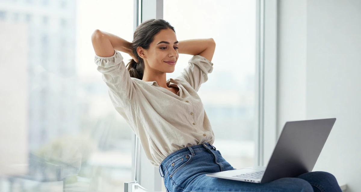 A friendly Female Once a junior accountant, now embracing creative independence in their 48, confident public speaker and thought leader, wearing a loose fitting blouse tucked into tight jeans, typing on a laptop in a radio station.