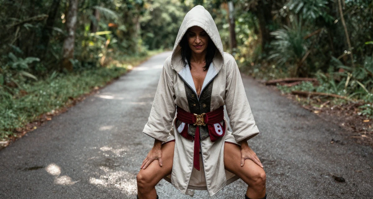 A flirty Female From São Paulo Brazil, practiced samba dance and sensual movement in their 50, established authority in a niche industry, wearing a assassin creed style hooded robe and tunic, hugging a pillow or cushion in a forest path.