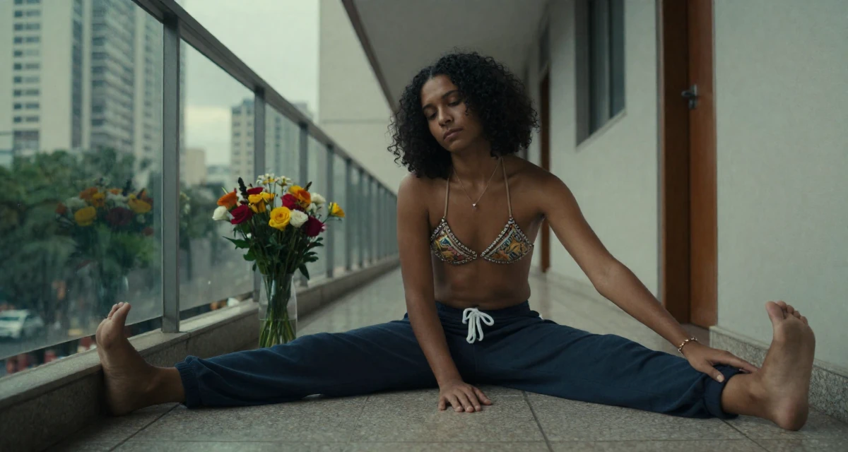 A reserved male From Brazil, trained in digital cinematography in their 22, mourning the loss of the university community, wearing a harem pants and an ornate jeweled bra top, holding hands with someone unseen in a narrow hallway.