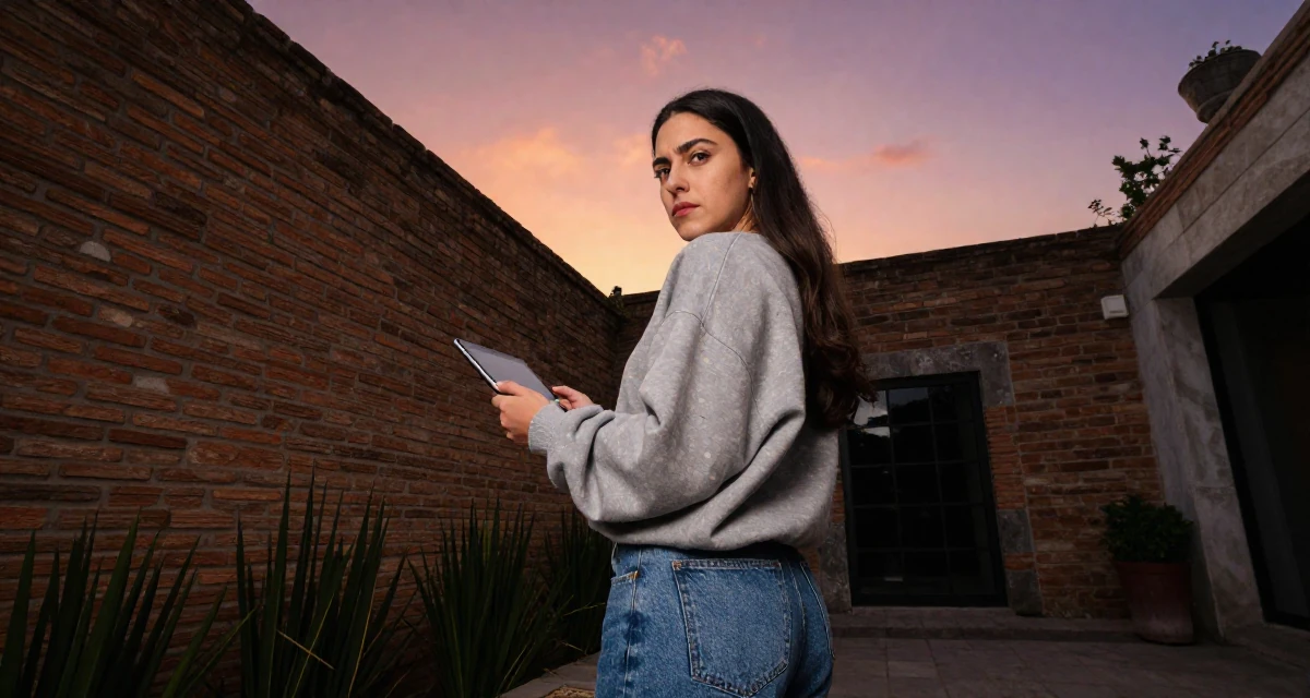 A intimidating Female From Mexico, based in Monterrey, graduated from a private university majoring in communication studies in their 22, navigating competitive academic environments, wearing a relaxed streetwear, holding a tablet in a garden patio.
