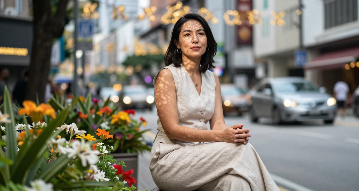 A calm and confident Female From Kuala Lumpur Malaysia, self-taught content creator specializing in color grading in their 45, sharing wisdom on navigating office politics, wearing a sleeveless vest top and wide-leg linen pants, wiping hands in a bustling city street.