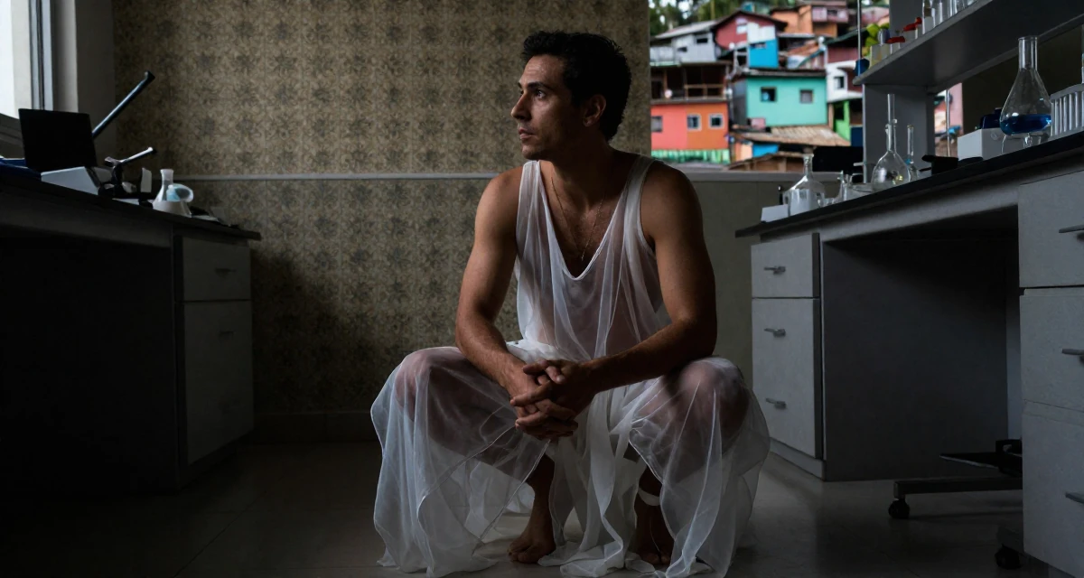 A sensual male Once a university researcher, now creating slow-life intimate content in their 43, balancing a demanding career with self-care, wearing a ethereal spirit dress made of flowing sheer chiffon, clasping hands together in a science lab.