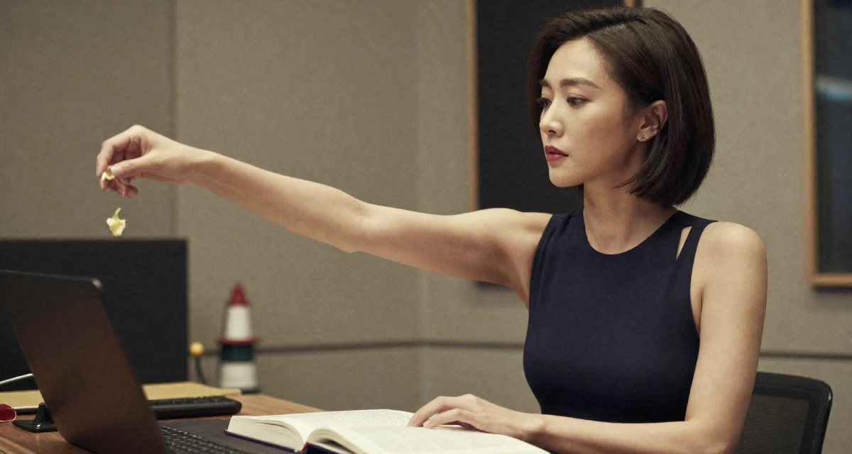 A cool and collected Female From Hong Kong, majored in graphic design in their 36, documenting the process of writing a book, wearing a sleeveless bodysuit with deep armholes, catching a falling flower petal in a music studio.